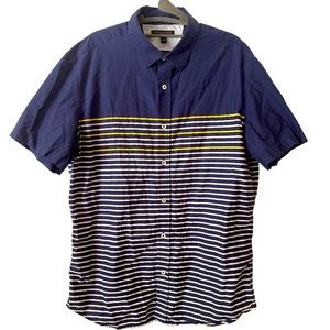 Banana Republic Navy Blue Short Sleeved Soft Wash Shirt with Yellow white stripe